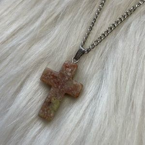 Cross flower agate unakite silver tone necklace